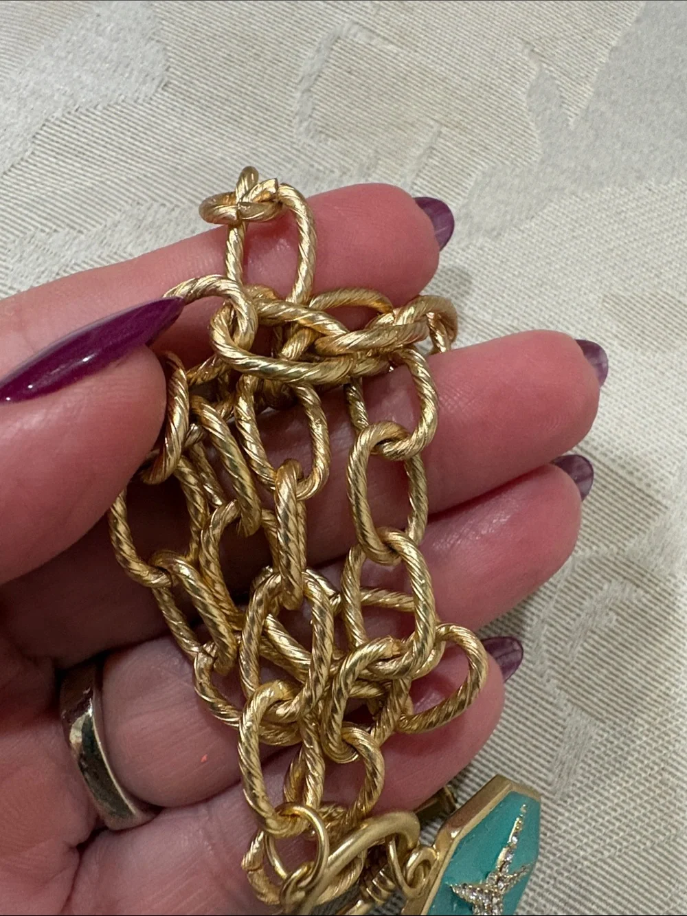 Fornash textured gold Chain octagon enamel Necklace Turquoise Starfish Pendant